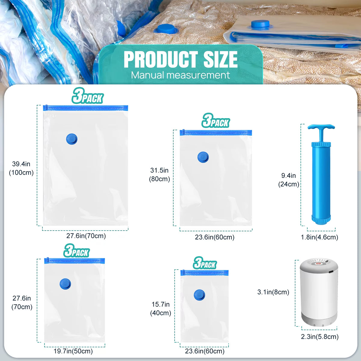 Ensemble Complet De Sacs De Compression Sous Vide – 12 Sacs (40X60 À 70X100 Cm) + Pompe Électrique Rechargeable 2-En-1 + Pompe Manuelle – Rangement Gain De Place Pour La Maison