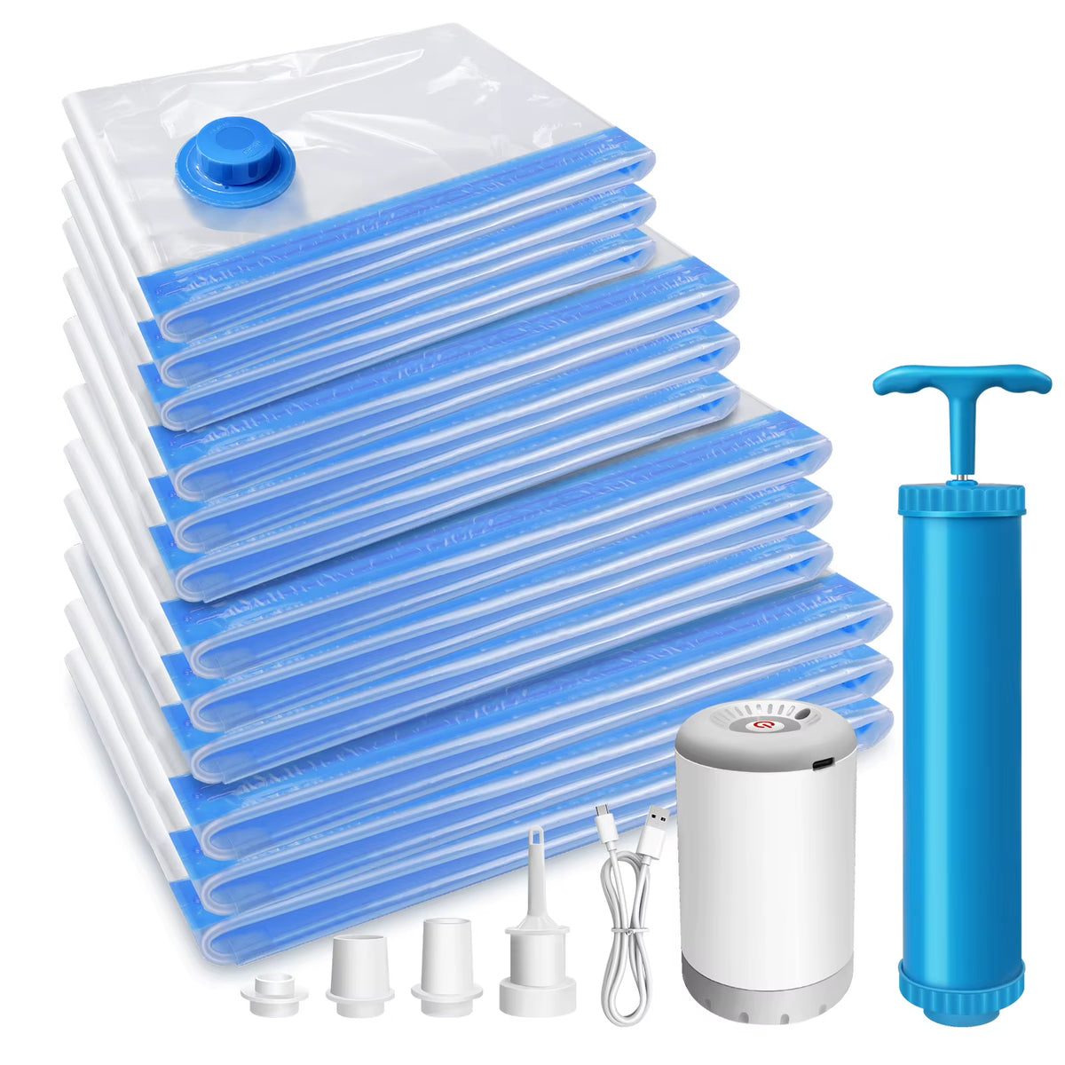 Ensemble Complet De Sacs De Compression Sous Vide – 12 Sacs (40X60 À 70X100 Cm) + Pompe Électrique Rechargeable 2-En-1 + Pompe Manuelle – Rangement Gain De Place Pour La Maison