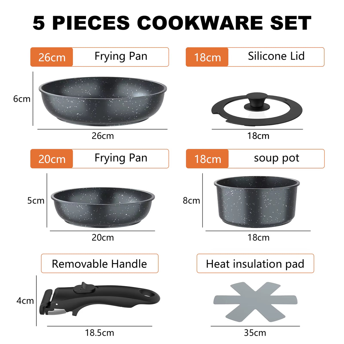 5Pcs Nonstick Cookware Set Detachable Handle Cast Aluminum Pots Pans with Lid Trivet for Kitchen Induction Gas Stove