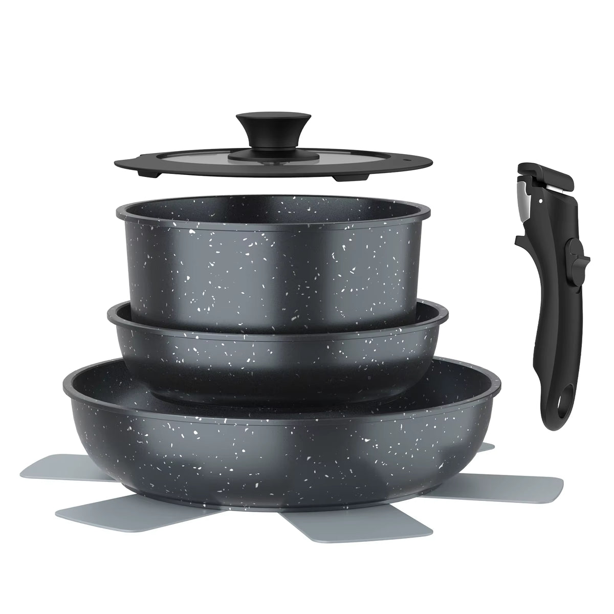 5Pcs Nonstick Cookware Set Detachable Handle Cast Aluminum Pots Pans with Lid Trivet for Kitchen Induction Gas Stove
