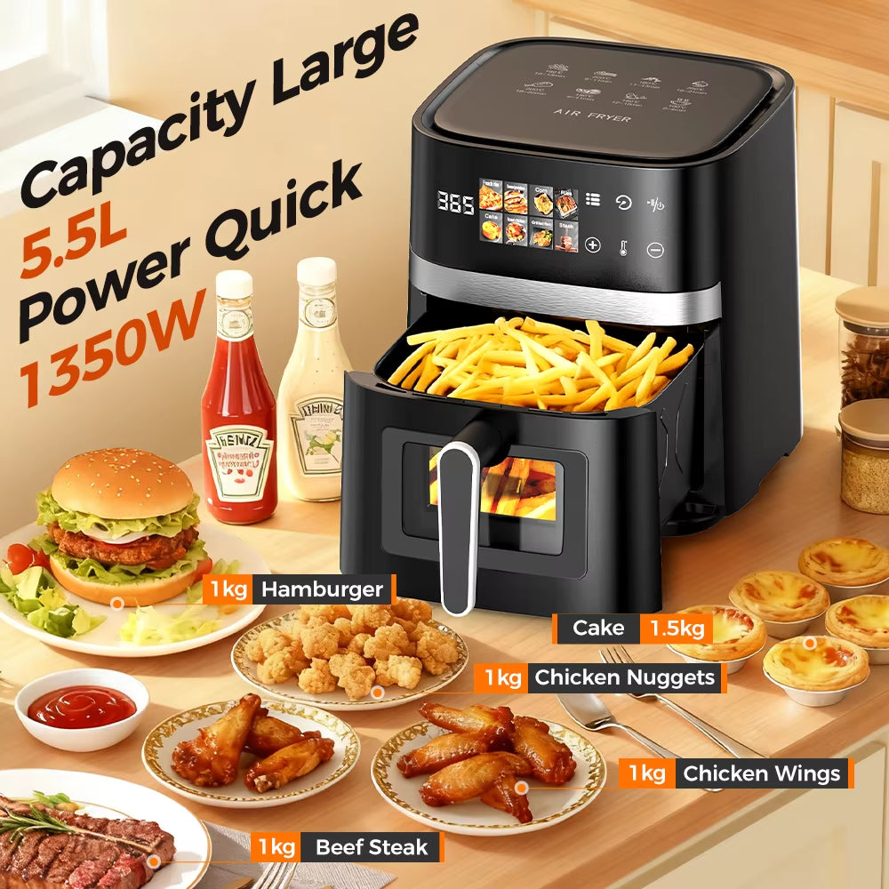 5.5L Capacity Air Fryer 1350W Oil Free Electric Fryer Timer Control Home Kitchen Cooker Non-Fat Fryer