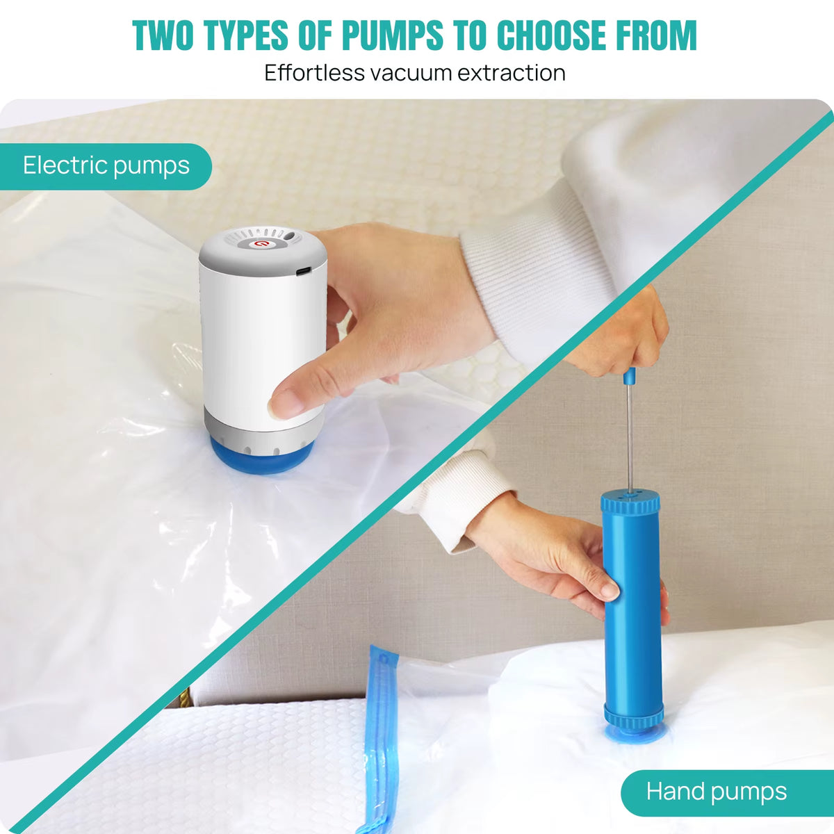 Ensemble Complet De Sacs De Compression Sous Vide – 12 Sacs (40X60 À 70X100 Cm) + Pompe Électrique Rechargeable 2-En-1 + Pompe Manuelle – Rangement Gain De Place Pour La Maison