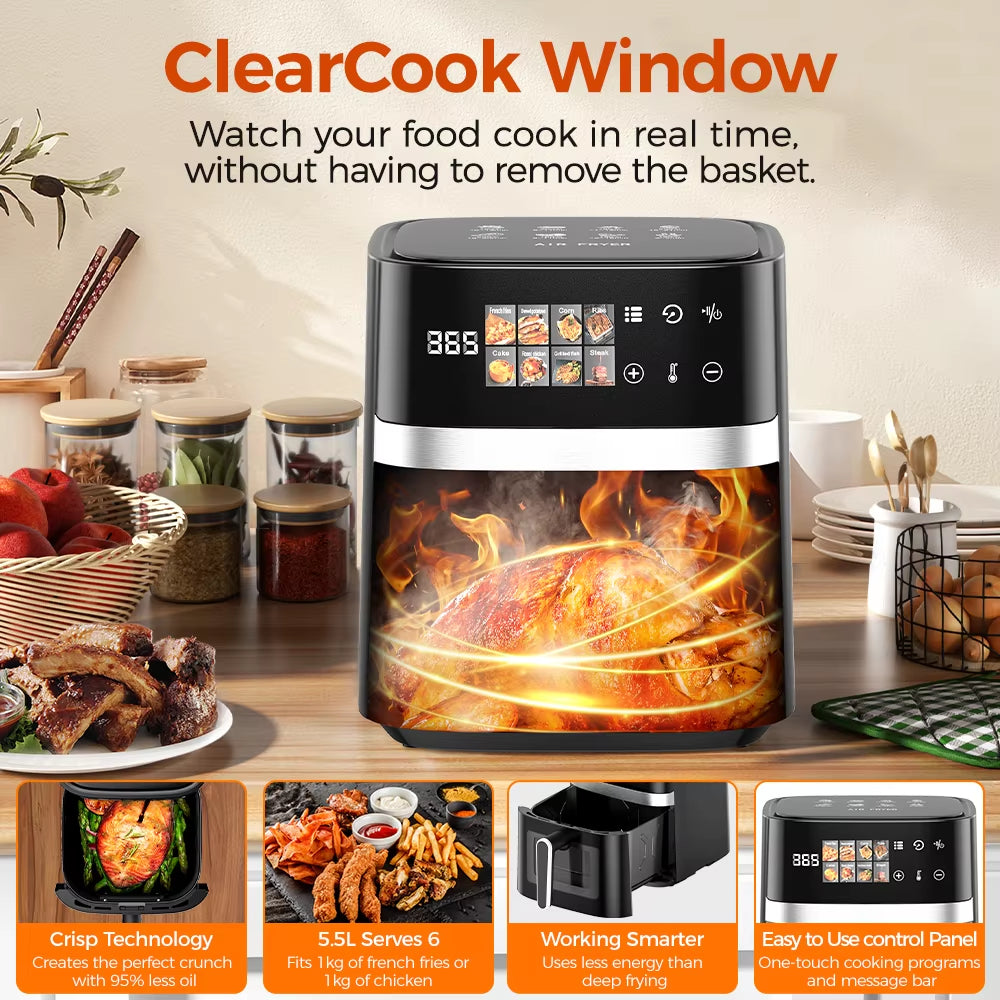 5.5L Capacity Air Fryer 1350W Oil Free Electric Fryer Timer Control Home Kitchen Cooker Non-Fat Fryer
