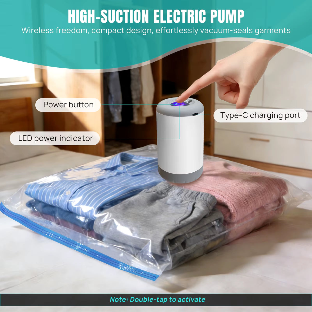 Ensemble Complet De Sacs De Compression Sous Vide – 12 Sacs (40X60 À 70X100 Cm) + Pompe Électrique Rechargeable 2-En-1 + Pompe Manuelle – Rangement Gain De Place Pour La Maison