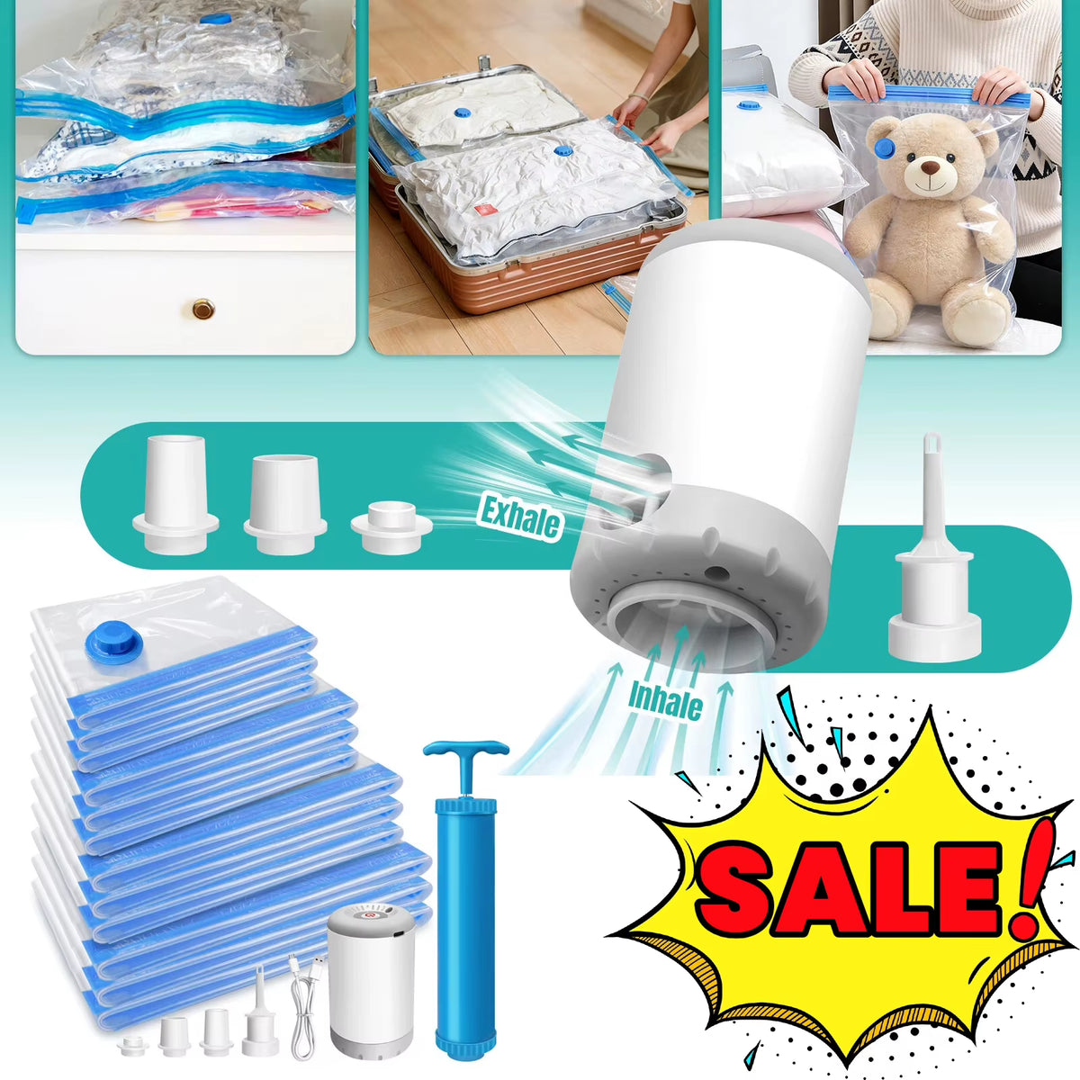 Ensemble Complet De Sacs De Compression Sous Vide – 12 Sacs (40X60 À 70X100 Cm) + Pompe Électrique Rechargeable 2-En-1 + Pompe Manuelle – Rangement Gain De Place Pour La Maison