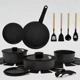 19-Piece Black Ceramic Non-Stick Kitchen Set Induction Compatible Oven Safe with Removable Handles for Camping and RV Use