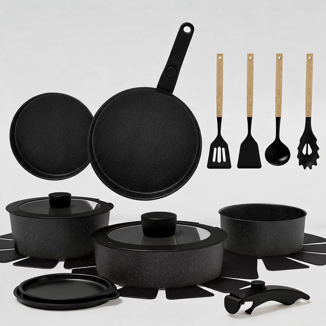 19-Piece Black Ceramic Non-Stick Kitchen Set Induction Compatible Oven Safe with Removable Handles for Camping and RV Use