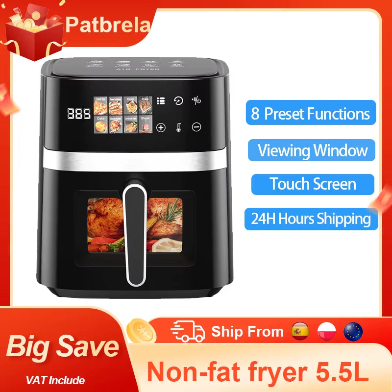 5.5L Capacity Air Fryer 1350W Oil Free Electric Fryer Timer Control Home Kitchen Cooker Non-Fat Fryer