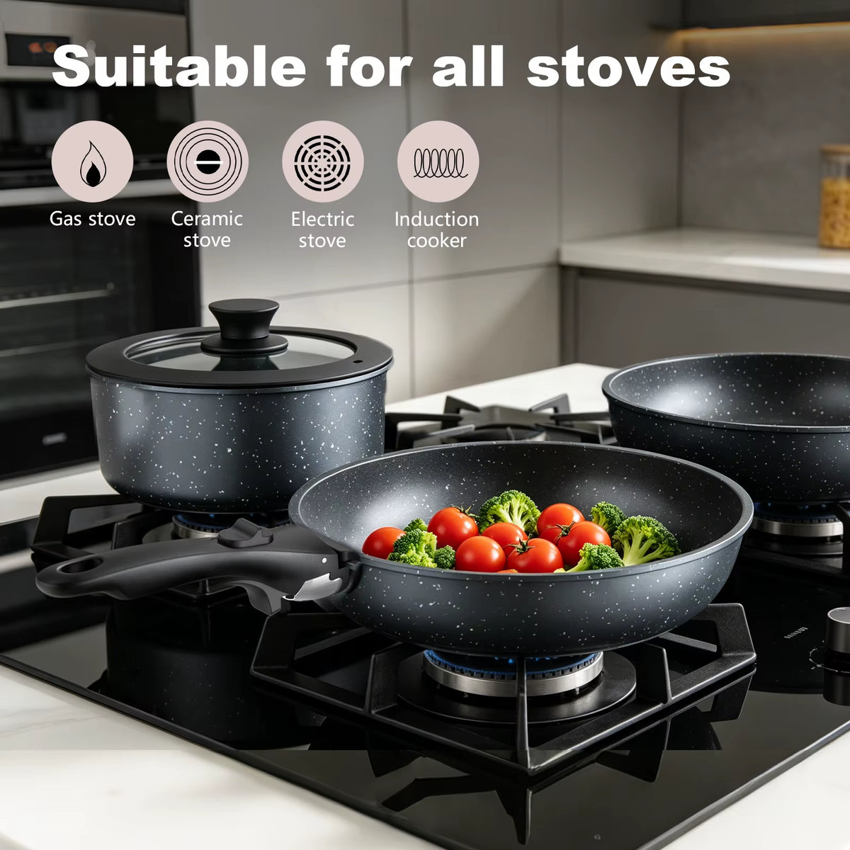 5Pcs Nonstick Cookware Set Detachable Handle Cast Aluminum Pots Pans with Lid Trivet for Kitchen Induction Gas Stove